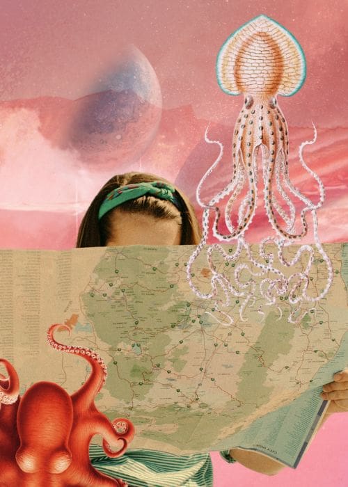 Collage art with a female figure holding a map, overlaid with imaginative elements like an octopus and a squid, symbolising Vujà Dé Creative's innovative approach to helping SMEs navigate sustainability.